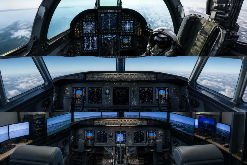 découvrez les différences essentielles entre les cockpits d'avion de chasse, d'avions de ligne et de simulateurs pour mieux comprendre leurs spécificités et fonctionnement.