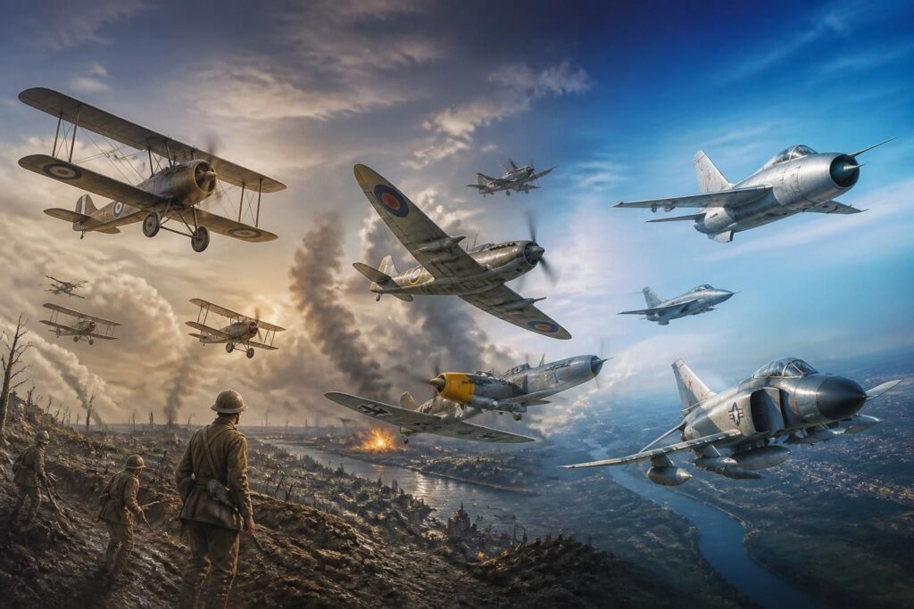 découvrez l'évolution des avions utilisés lors des conflits mondiaux jusqu'à la guerre froide, et leur impact sur les stratégies militaires et technologiques.