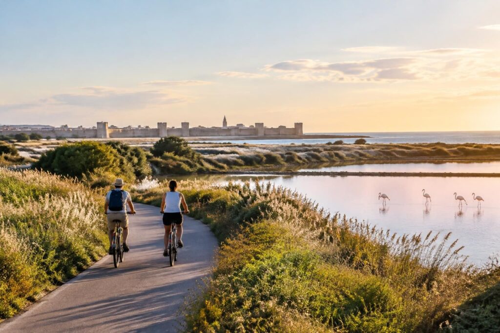 explorez la voie verte du grau-du-roi et ses itinéraires à vélo entre aigues-mortes, sète et la grande-motte, au cœur des paysages de camargue.